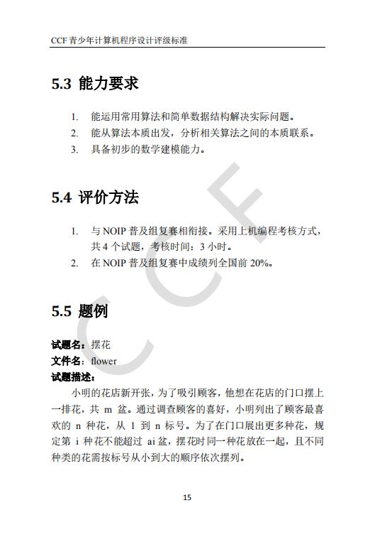 CCF中学生计算机程序设计能力等级评价等级标准
