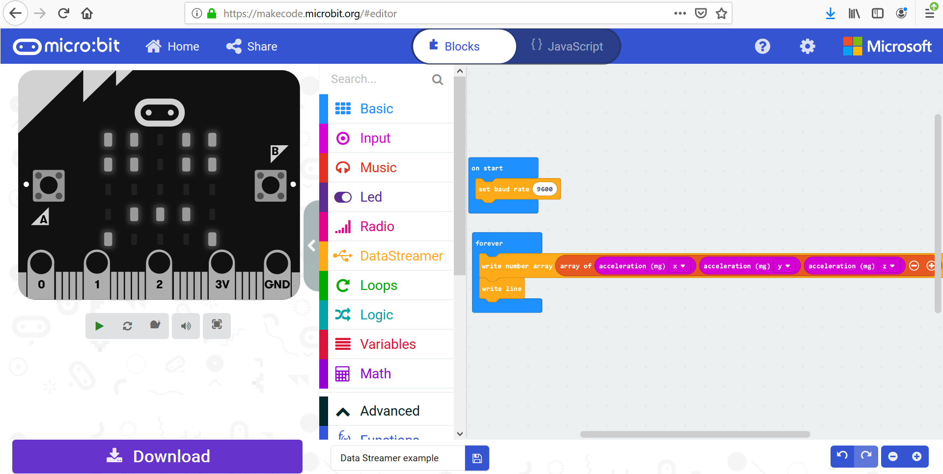 通过数据流式处理器使用 micro:bit 和生成代码