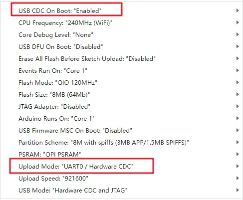 Arduino IDE中ESP32S3配置选项意义