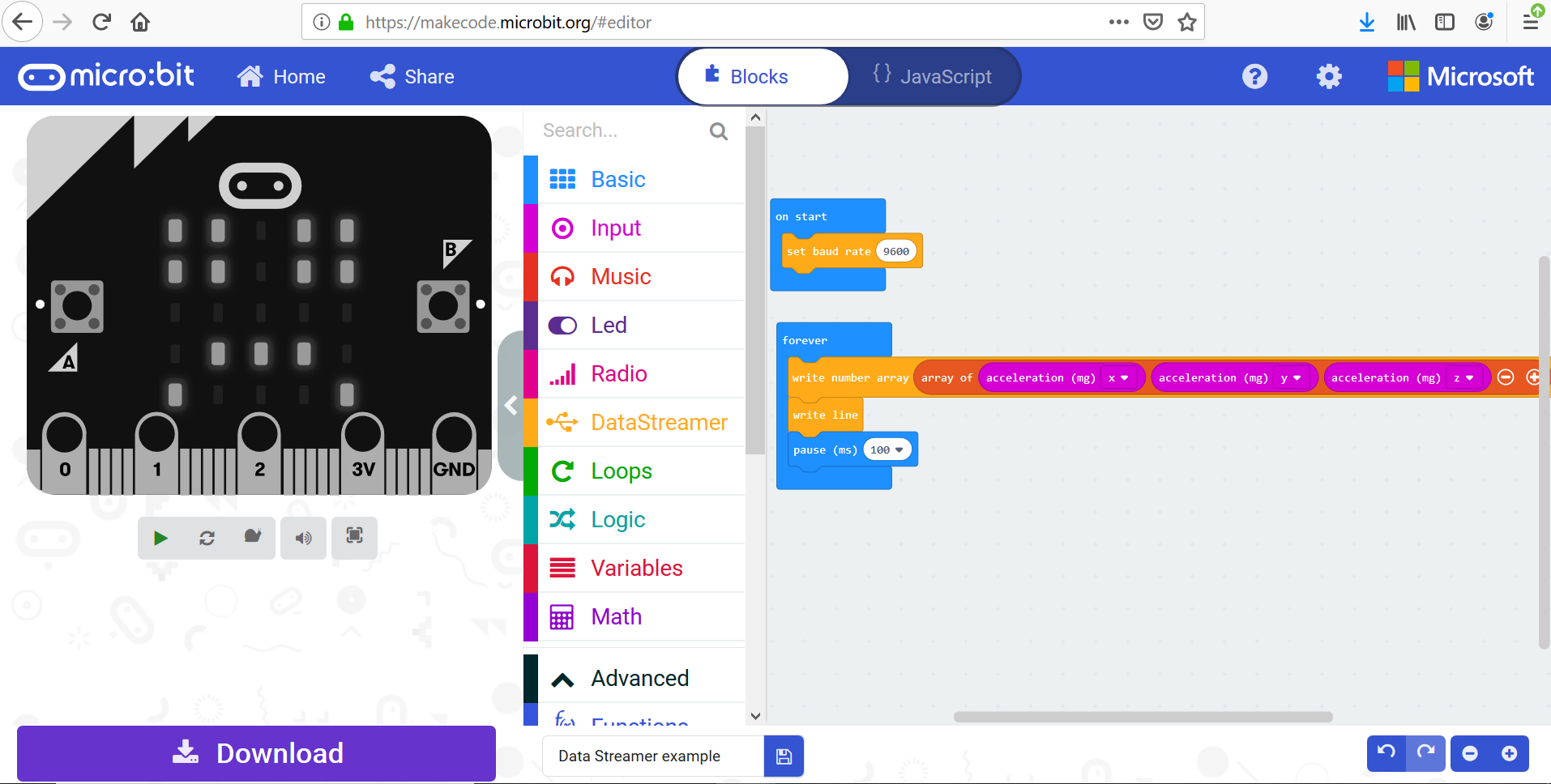 通过数据流式处理器使用 micro:bit 和生成代码