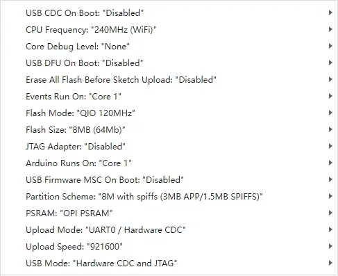 Arduino IDE中ESP32S3配置选项意义