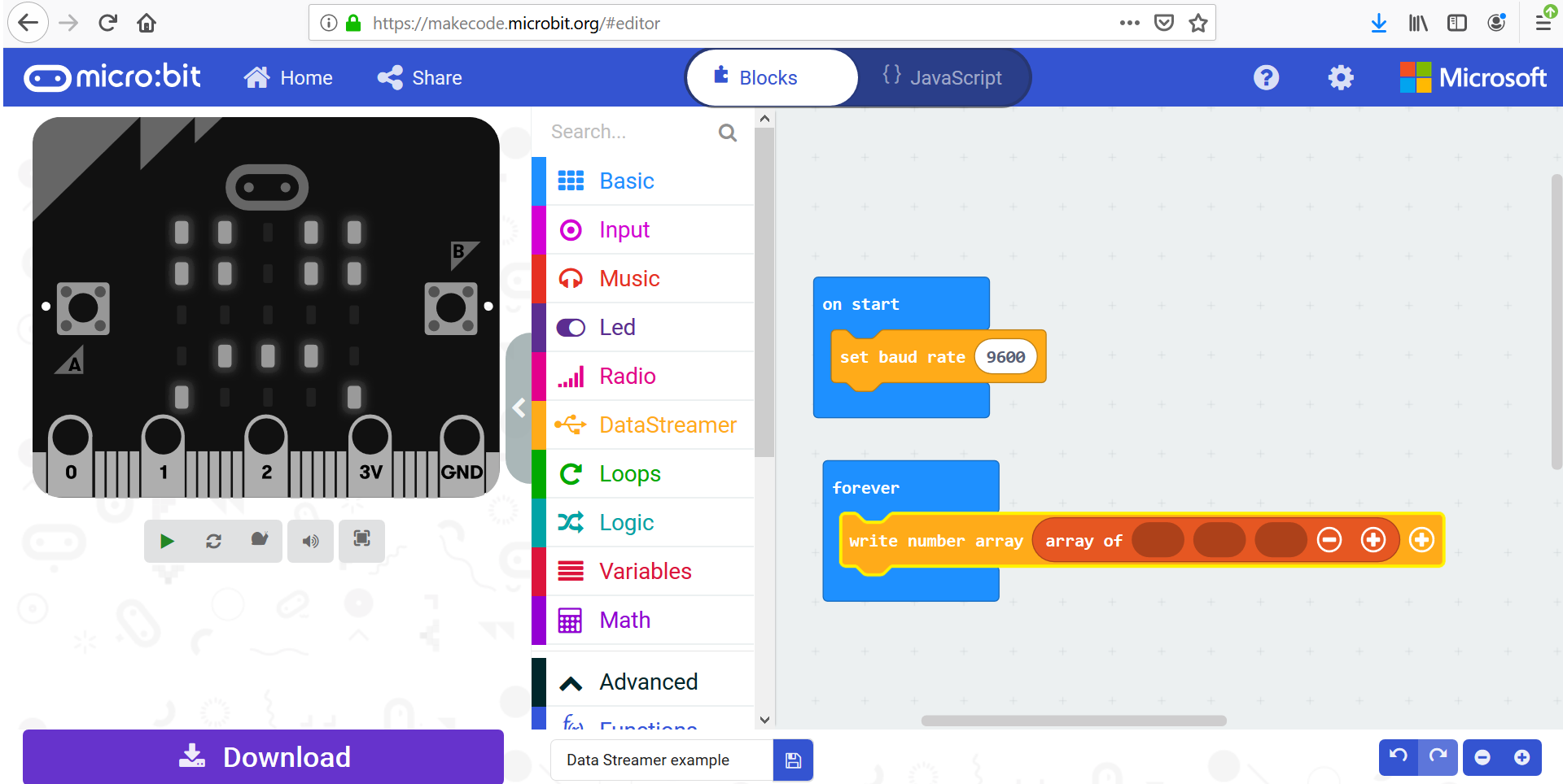 通过数据流式处理器使用 micro:bit 和生成代码